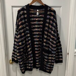 Dreamers by Debut Multi Color Striped Popcorn Eyelash Cardigan Size Medium Black